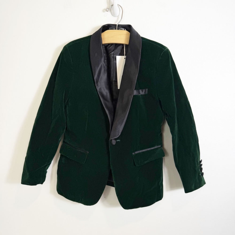 Kiki Land Velvet Tuxedo Blazer Boys 7 Green Satin Shawl Lapel Formal Jacket